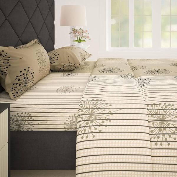 Cotton Bedsheet for Double Bed with 2 Pillow Covers 186 TC 225x250 cm, Beige, Floral Queen Size Bed Sheet | Perfect for Home Decor & Ultimate Comfort | Ideal for Gifting