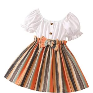 Toddler Girls Striped Print Puff Sleeve Bow Front Dress || Stripe Pattern Dress for Kids || A Line Dress || Puff Sleeve Dress for Kids || Casual Dress (KD-202)