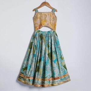 Girls Sleeveless Blue 2-Pc Lace Embellished Cotton Lehenga Choli Set