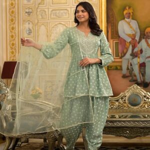 Women's Bandhani Printed & Embroidered Rayon Pleated Kurti with Dhoti Pant & Dupatta Set