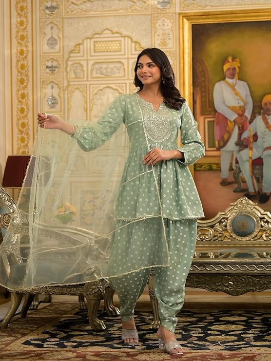 Women's Bandhani Printed & Embroidered Rayon Pleated Kurti with Dhoti Pant & Dupatta Set