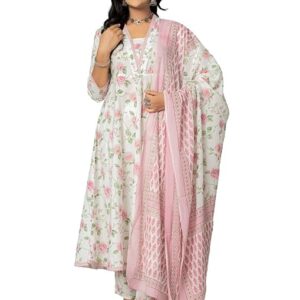 Women's Cotton Printed Anarkali Kurta with Palazzo Pants and Dupatta