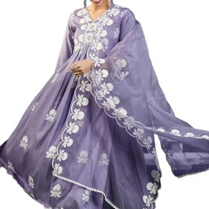Women's Silk Blend Chain Work Embroidered A Line Kurta with Pant Set For Wedding, Ethnic Wear