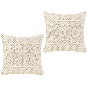 Cotton Boho Macrame Decorative Cushion Cover 16x16 | Comfy Throw Pillow Cases for Sofa Couch Bed Living Room (Off-White) - 1 Pcs, 250 TC
