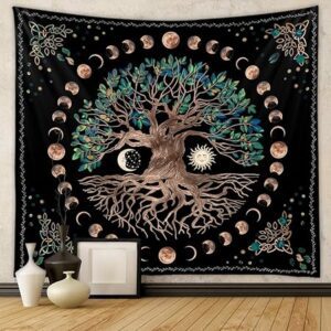 Tree of Life Tapestry Wall Hanging Psychedelic Mystic Wishing Tree Artwork with Moon Phases, Washable Polyester Fabric, Vibrant Decorative Wall Carpet for Bedroom (51x59 Inches)
