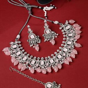 Rhodium Plated Pink AD Stone Collar Bone Necklace Set With Earring And Maangtika | Jewellery Set For Women (NS105698)
