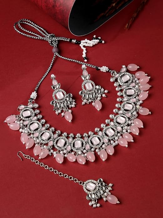 Rhodium Plated Pink AD Stone Collar Bone Necklace Set With Earring And Maangtika | Jewellery Set For Women (NS105698)