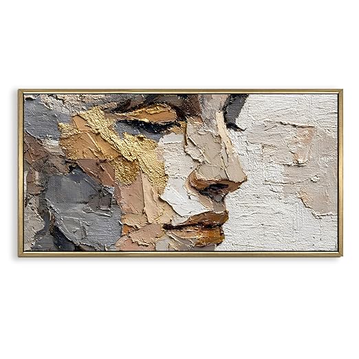 DESIGN Profile Abstract Face in Neutral Tones Wall Art- Luxury Golden Framed & Ready to Hang - Large Painting for Living Room, Office Wall Decor ? 2 Ft x 4 Ft. (D)