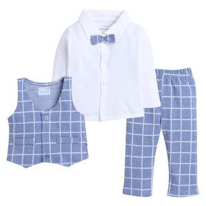Beige & Navy Boys Full Sleeves Shirt Waistcoat & Pant Set with Applique Bow (Peb8050)