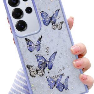 Samsung Galaxy S24 Ultra Clear Glitter Butterfly Case, Cute Bling Sparkle Shiny Soft Silicone TPU Bumper Shockproof Women Girls Slim Protective Phone Cover for Galaxy S24 Ultra, Purple