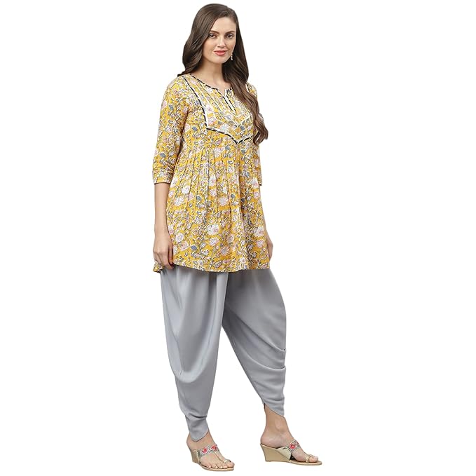 Women's Floral Printed Cotton A-Line Kurta Dhoti Pant Set
