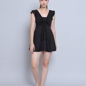 Women Front Tie Knot Ruched Frock Style Padded One Piece Swimming Costume
