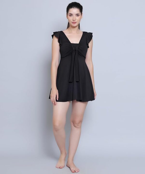 Women Front Tie Knot Ruched Frock Style Padded One Piece Swimming Costume