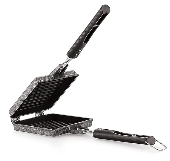 Jumbo Gas Sandwich Maker Toaster | Non Stick Stovetop Toaster Pan for Gas Stove | Kitchen Essentials Grill Pan for Bread, Paratha, Panini, Omelet, Snacks & Camping Cookware (Black)