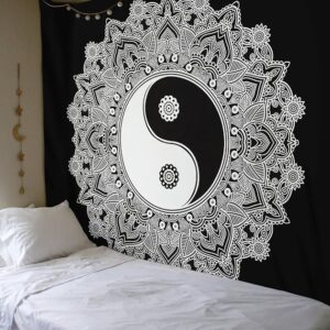 Yinyang Cotton Double Bedsheet Without Pillow Covers, Wall Hanging Tapestry - Black and White