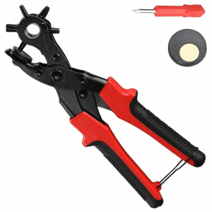 Revolving Leather Punch Pliers or Punching Machine with 6 Hole Sizes for Leather Belts, Watch Bands, Bags, Dog Collars, Fabric, Craft Projects, Leather Puncher (Black/Red)