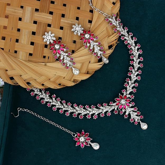 Diamond Necklace Jewellery Set for Women with Earrings and Maang Tikka for Wedding, Party, Engagements & Festivals
