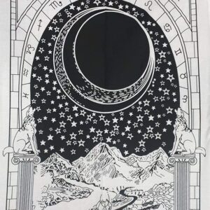 Moon Tarot Psychedelic Tapestry - Hippie Indian Mandala Wall Hanging - Cotton Poster (B/W, 40x30 Inches)