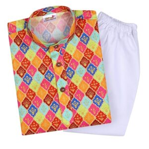 Baby Boys Cotton Printed Kurta With White Pyjama Dress