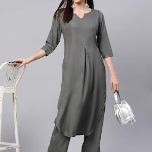 Solid Straight Brown Kurta Set for Women with Palazzo 3/4 Sleeve, Round V Neck Designer Kurta with Palazzo Pant Set