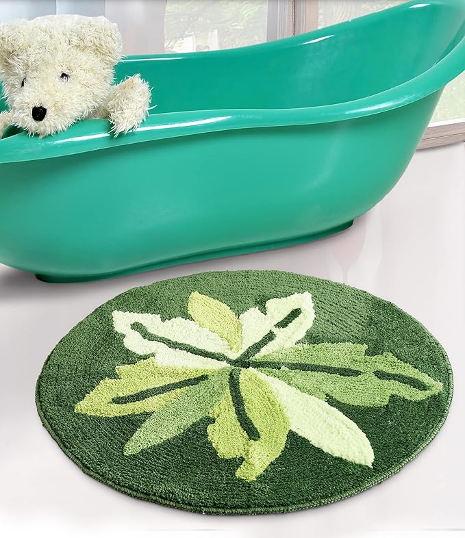 Soft Cotton Anti-Skid Round Leaf Design Bathmat | Washable, Non-Slip & Quick-Drying Mats for Home/Kitchen | Soft & Super Absorbent Mats for Shower (Green, 60x60 CM)