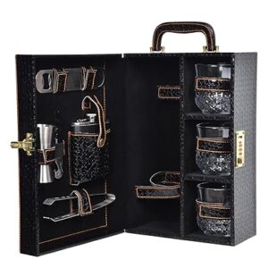 Print Black Premium Bar Set With Whiskey Glasses | Portable Leatherette Set for Picnic, Travel, and Car