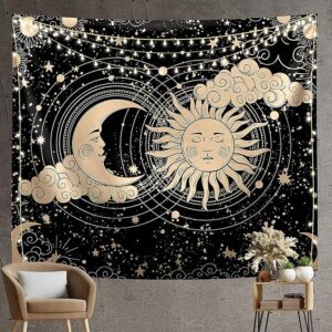 Polyester Sun and Moon Tapestry - Aesthetic Black Dark Spiritual Wall Art for Bedroom, Living Room Decor (51"X59")