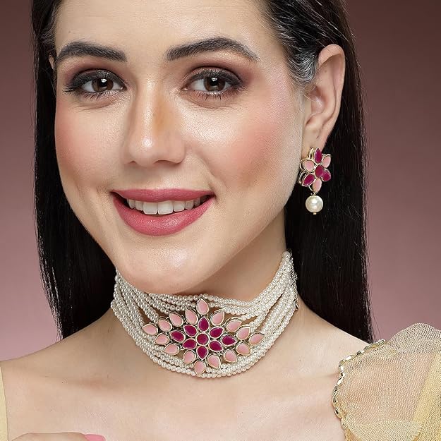 Gold Plated Pearl Beaded Royal Pink and Baby Pink Kundan Stone Choker Necklace Set