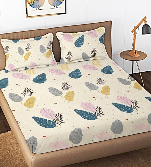 Cotton Double Bedsheet with 2 King Size Pillow Covers Soft Wrinkle Free Brethable Easy Care (90X90 Inches, 7 x 7.5 Feet Cream