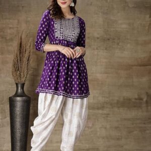 Women's Printed & Embroidered Rayon A-Line Kurti With Dhoti Pant