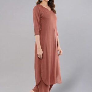 Solid Straight Brown Kurta Set for Women with Palazzo 3/4 Sleeve, Round V Neck Designer Kurta with Palazzo Pant Set