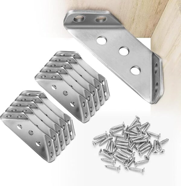 10PCS Corner Connectors, Stainless Steel Universal Corner Braces, Premium Angle Corner Brackets with Screws, Furniture Triangle Support for Wood Shelf, Cabinets, Tables, Chairs.