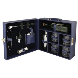 Portable Bar Set | Portable Leatherette Bar Set | Wine Case | Whisky Case | Portable Bar Accessories Set (Holds 01 Bottle & 04 Whisky Glasses) (Blue & Blue)