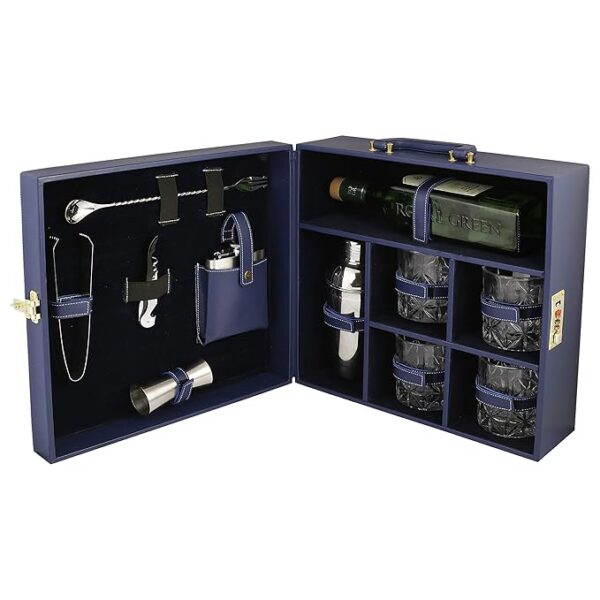 Portable Bar Set | Portable Leatherette Bar Set | Wine Case | Whisky Case | Portable Bar Accessories Set (Holds 01 Bottle & 04 Whisky Glasses) (Blue & Blue)