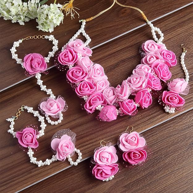 Jewellery Pearl Designer Pink & Red Jewellery Set with 5 Items for Women & Girls (Mehandi/Haldi Bridal/Baby Shower)