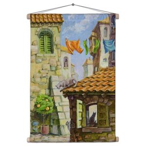 Cats In The Old Mediterranean City Canvas Fabric Painting Tapestry | Scroll Art Hanging 18 x 25 inch (46 x 64 cms)
