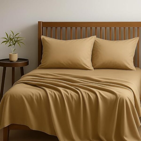 Cotton Feel Glace Cotton Elastic Fitted Printed King Size Double Bed Bedsheet with 2 Pillow Coverm Fits Upto 10 to 12 inches Mattress,Size- 72x78x14 Inches,Brown Zigzag