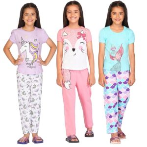 Girls Night Dress |Night Suit | Sleepwear for Kids Girls T Shirt & Pajama Pant Set of 3 (Age 6 Months to 15 Years)