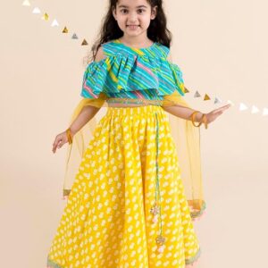 Girls Cotton Yellow Turquoise Blue Printed Ready To Wear Readymade Lehenga Set Blouse With Dupatta