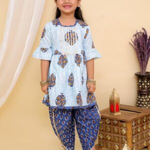 Cotton Blend Baby Girl's Jaipuri Print Frock Style Kurti With Frill Sleeves And Dhoti Style Salwar With Elastic Closure Ethnic Dress Clothing Set