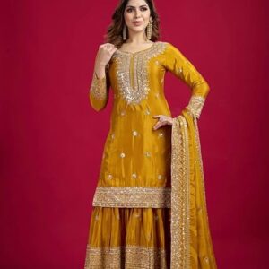 Women's Embroiderd Chinnon Fabric Sharara Top and Dupatta for Women Purple wedding salwar suit readymade