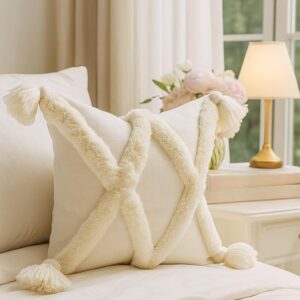 White Criss Cross Tufted Cushion Cover with Handmade White Tassels - Boho Farmhouse Decorative Accent for Sofa, Bed, Living Room, Couch Square Sofa Cushion 12x12 Inches