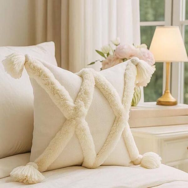 White Criss Cross Tufted Cushion Cover with Handmade White Tassels - Boho Farmhouse Decorative Accent for Sofa, Bed, Living Room, Couch Square Sofa Cushion 12x12 Inches