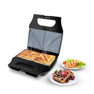 800 Watt 3-In-1 Detachable Sandwich Maker, Removables Plates For Toaster, Griller & Waffle Maker, Non-Toxic Ceramic Coating,2 Year Warranty, Regular Bread Size For 2 Slices, Black