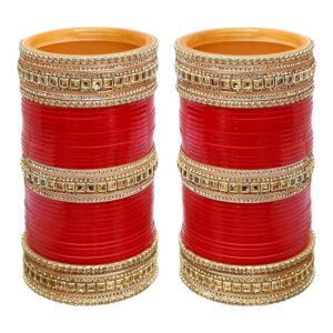 Jewellery Bridal Bangle Set Dhanteras/Diwali/Bhai Dooj Collection Red Designer Chura Wedding Punjabi Choora Fashion Jewellery Chuda Set for Women (1360-M1C1-GOLD-R)