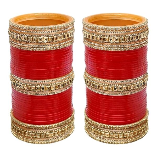 Jewellery Bridal Bangle Set Dhanteras/Diwali/Bhai Dooj Collection Red Designer Chura Wedding Punjabi Choora Fashion Jewellery Chuda Set for Women (1360-M1C1-GOLD-R)