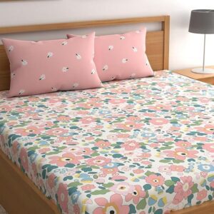 Microfiber Soft Cotton Bedsheet For Double Bed, Size 90X100 Inches With 2 Large Size Pillow Covers Without Joint - Pinkflowers
