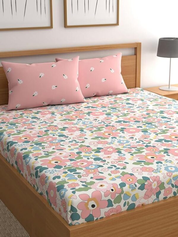 Microfiber Soft Cotton Bedsheet For Double Bed, Size 90X100 Inches With 2 Large Size Pillow Covers Without Joint - Pinkflowers