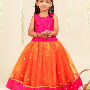 Kids Girls Orange & Magenta Mirror Work Flared Net Sleeveless Lehenga Choli Set Pattupavadai for Girls