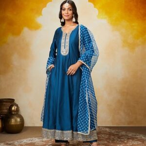 Women's Embroidered Anarkali Kurta Pant Set with Organza Dupatta | Viscose,Rayon | A-line fit